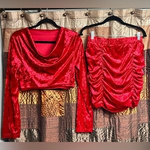 Red Velvet Crop Blouse & Skirt Set Size Large